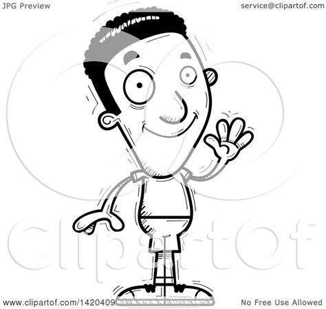 Clipart Of A Cartoon Black And White Lineart Doodled Friendly Black Man