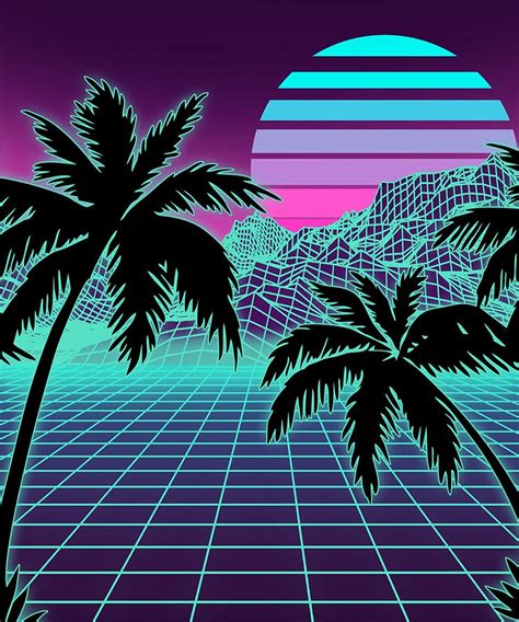 Retro 80s Vaporwave Sunset Sunrise With Outrun Style Grid Print Digital