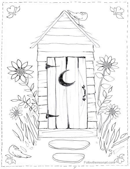 Adult coloring books rustic country scenes includes free pdf 44 grayscale coloring pages of rustic country scenes, barns, tractors, wagons, farms, chickens, roosters, horses, cows and more pages are printed on one side, size 8x11 in. Country outhouse bathroom coloring page (With images ...