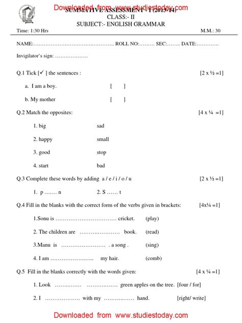 Cbse Class 2 English Sample Paper Sa2 2014 1 Grammar Language