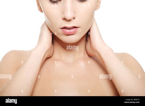 Naked Woman Touching Her Neck Head And Shoulders Close Up Over White