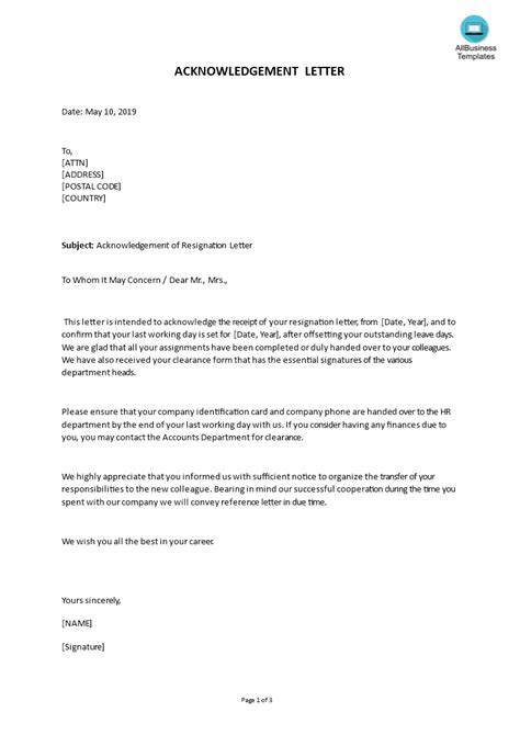 Acknowledgement Of Resignation Letter Sample Sample Resignation Letter