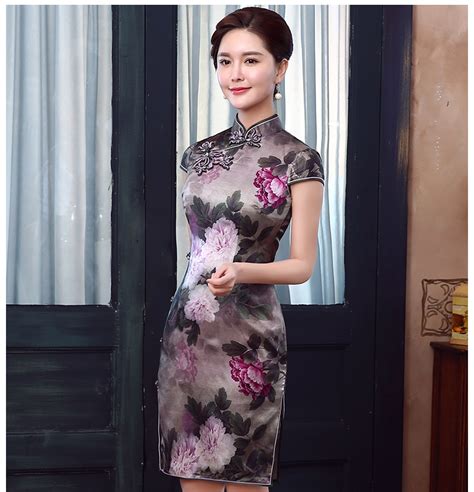 Gorgeous Peony Flowers Silk Short Qipao Cheogsam Dress Qipao Cheongsam Dresses Women