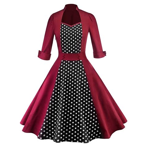 Buy Womens Vintage Square Collar Polka Dots Patchwork Slim Swing Cotton Autumn