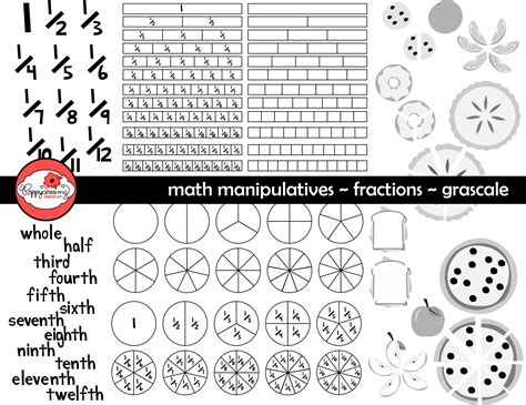Math Manipulatives Fractions Grayscale Clipart Set 300 Dpi Etsy
