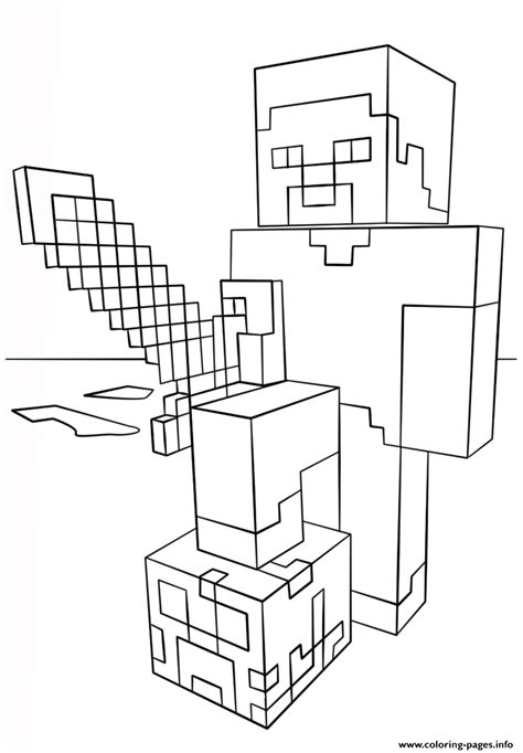 Minecraft Steve With Diamond Sword Coloring Page Printable