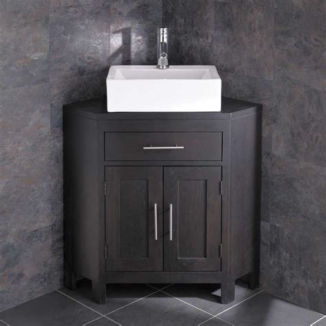 Corner wall mounted vanity combo in black with ceramic sink in white with faucet drain and overflow. Barletta Sink + Alta Large Two Door Wenge Oak Corner ...