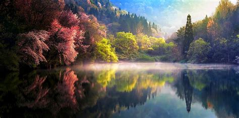Wallpaper Sunlight Trees Landscape Colorful Hill Lake Nature
