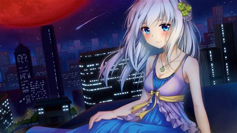 Wallpaper Anime Girl Dress Akatsuki Red Moon Cityscape