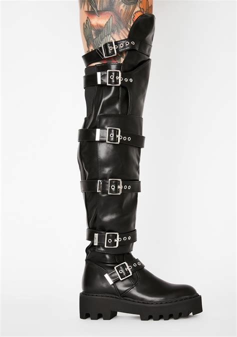 black thigh high pu vegan leather buckle boots dolls kill