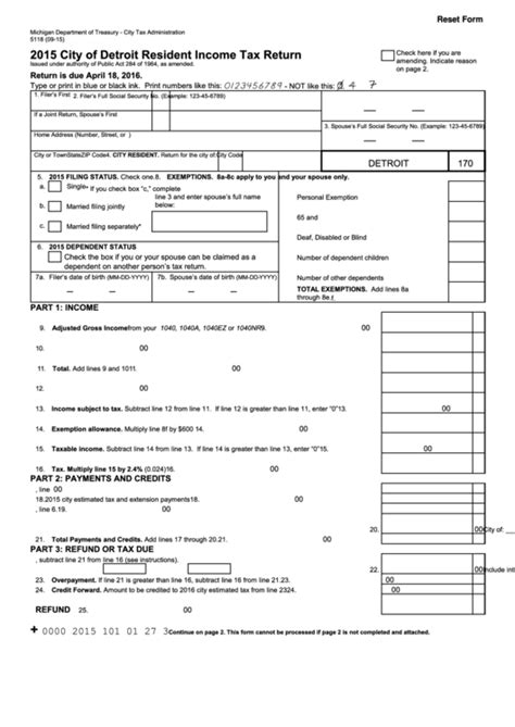 Benefits to electronic filing include: Fillable Form 5118 - City Of Detroit Resident Income Tax Return - 2015 printable pdf download