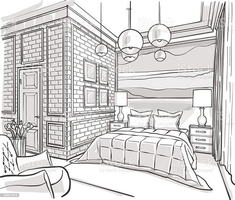 Bedroom Interior Outline Vector Sketch Drawing Stock Illustration