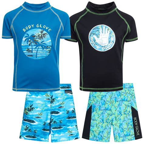 Body Glove Boys Rash Guard Set 4 Piece Upf 50 Short Sleeve Swim