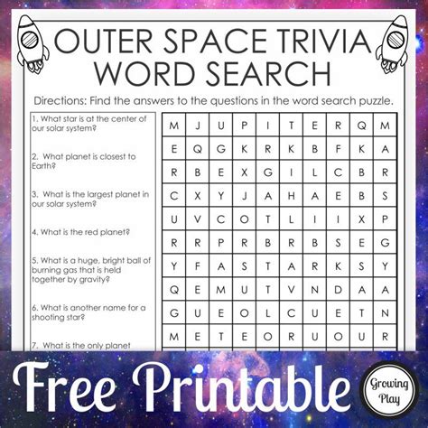 Outer Space Word Search And Space Trivia Questions Growing Play In