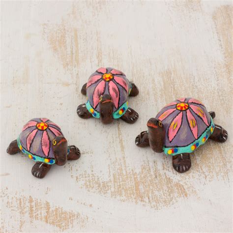 3 Handmade Ceramic Turtle Figurines With Pink Floral Shells Pink