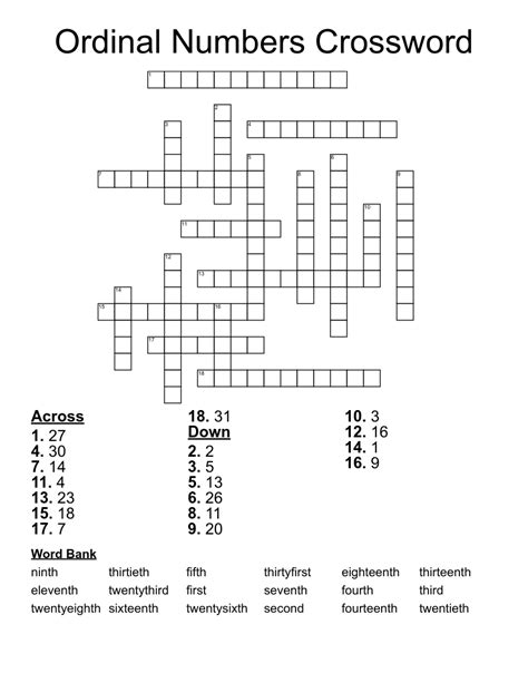 Ordinal Numbers Crossword Wordmint