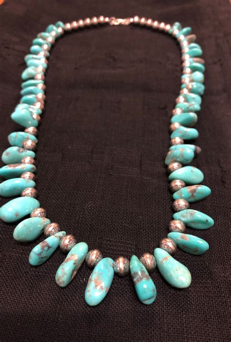 Genuine Turquoise Teardrop Necklace Aztec Design Sterling Silver Beads