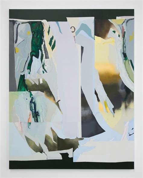 An Abstract Painting With White Green And Yellow Colors On The Bottom