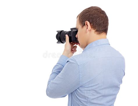 Back View Of Male Photographer Taking Photo With Modern Dslr Camera