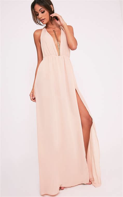 Alina Nude Plunge Maxi Dress Maxi Dresses Prettylittlething