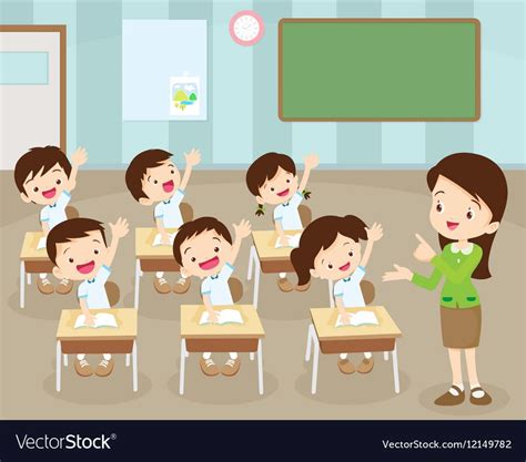Students Hand Up In Classroom Vector Image On โรงเรียน