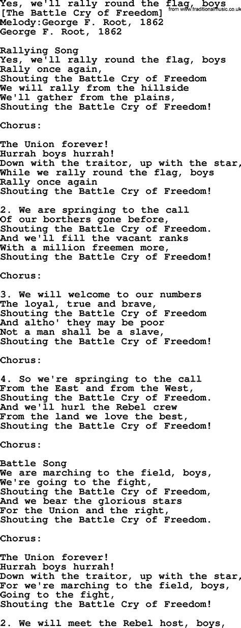 Old American Song Lyrics For Yes Well Rally Round The Flag Boys