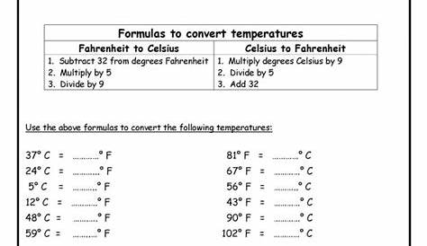 Temperature Conversion Formulas Worksheets | 99Worksheets
