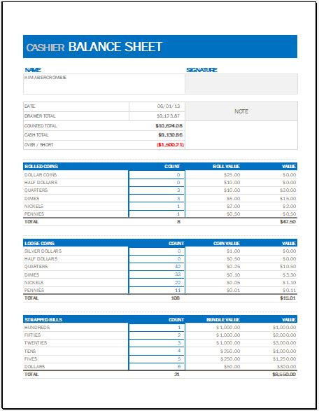 To use this simple reconciliation form, just plug in your amounts for the day. Cashier Balance Sheet Template for EXCEL | Excel Templates