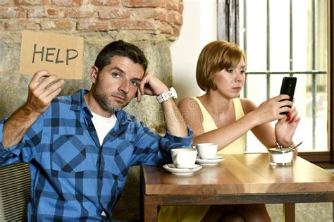 Couple At Coffee Shop Mobile Phone Addict Woman Ignoring Frustrated Man