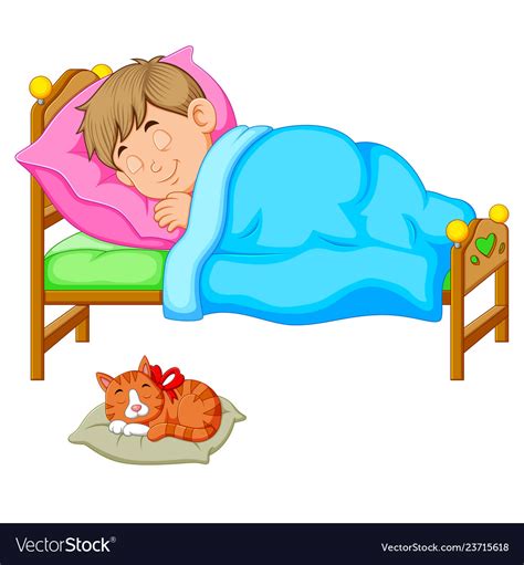 Sleeping Boy In Bed With A Kitten Royalty Free Vector Image