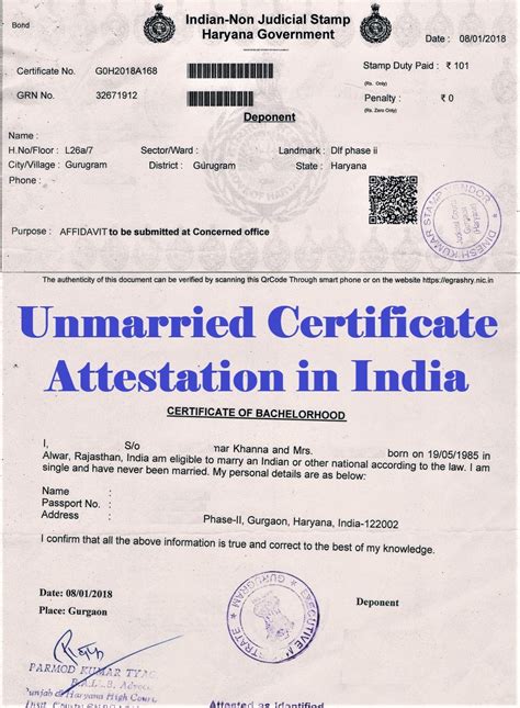 Single Status Certificate Unmarried Affidavit Attestation United