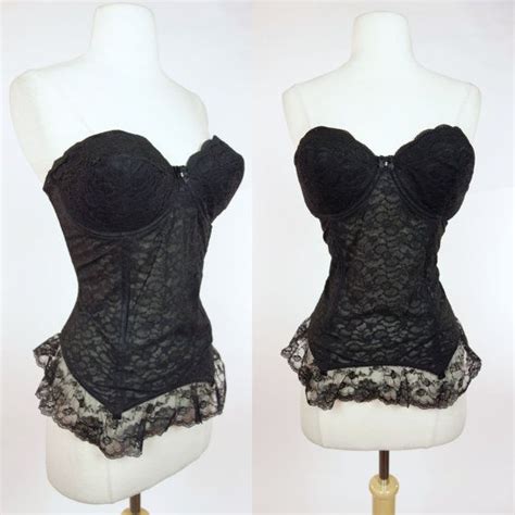 1980s Black Bustier Lace Strapless Long Line Bra Rounded Cup Etsy