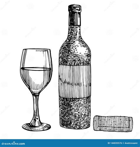 Red Wine Bottle And Glasses Sketch Style Illustration Isolated On