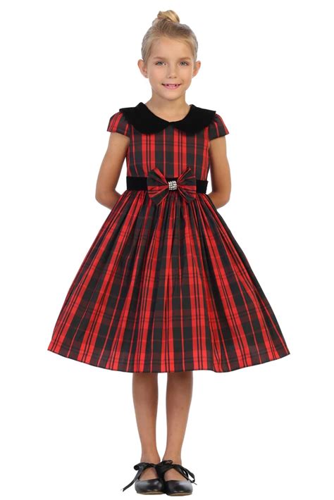 Girls Red Plaid Holiday Dress W Velvet Collar And Bow Accent 2 12
