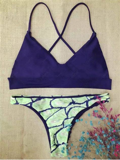 [26 off] 2021 printed spaghetti straps criss cross bikini set in purplish blue zaful