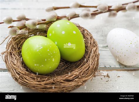 Nest With Green Easter Eggs Stock Photo Alamy
