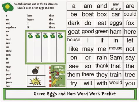 Green Eggs And Ham Word Work Packet Word Work Activities Green Eggs