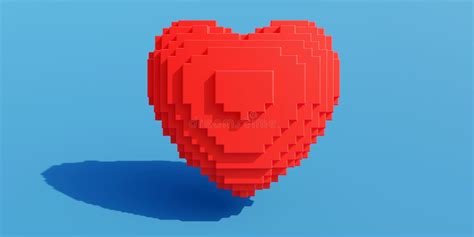 Voxel Art Isometric Passion Red Color Heart Shape With Shadow On Blue