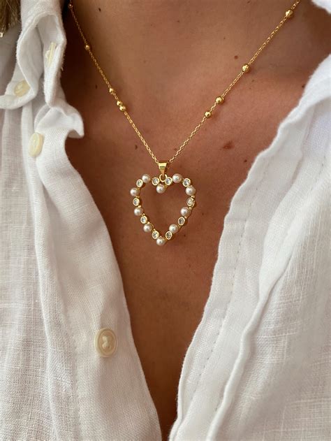 Pearl Heart Necklace Gold Plated Heart Necklace Etsy