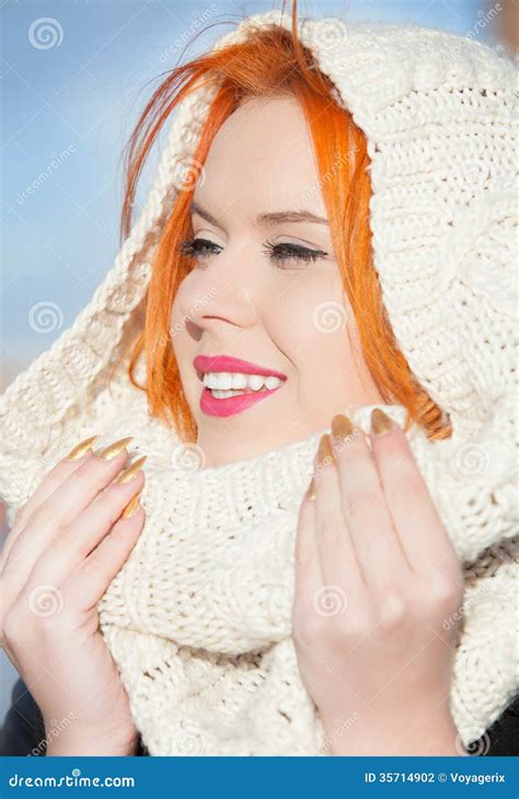 Portrait Red Haired Happy Girl In Warm White Scarf Outdoor Stock Photo