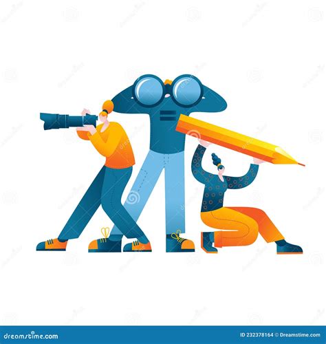 Characters With Binoculars A Camera And A Pencil Stock Vector