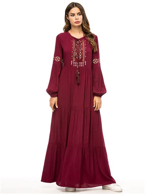 Women Muslim Embroidery Long Maxi Dress Robe Islamic Kaftan Dubai Cocktail Abaya Ebay