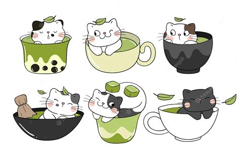 Premium Vector Draw Collection Matcha Cats In Cup Green Tea Concept