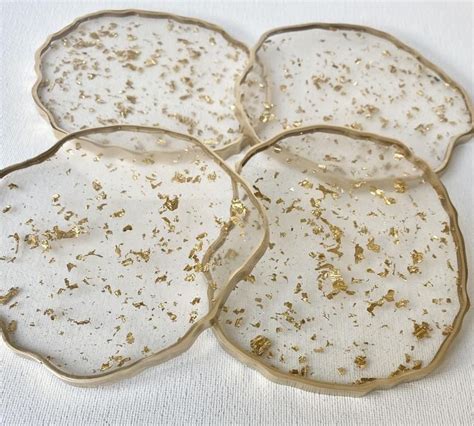 Modern Gold Metallic Flake Resin Coaster Set Agate Geode Etsy In 2021