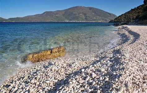 White Pebble Beach On The Island Of Kefalonia Greece Stock Photo