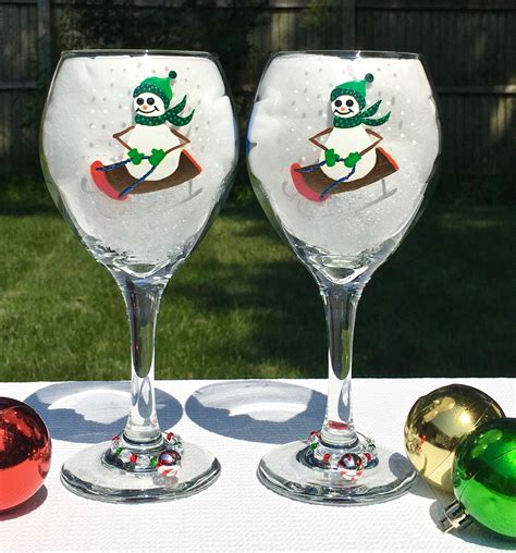 Christmas Wine Glasses With Hand Painted Snowmen On Sleds Christmas Glasses Snow Christmas