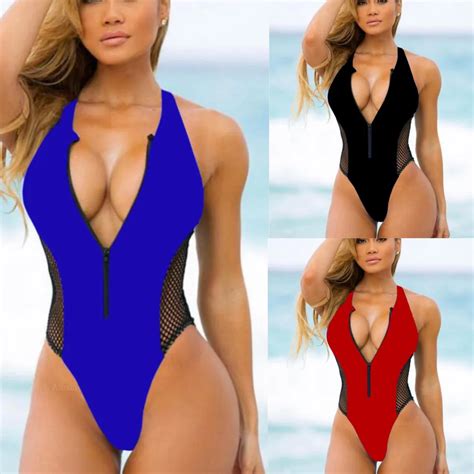 High Cut Mesh Monokini One Piece Zipper Swimsuit Sexy Women Swimwear Patchwork Trikini 2019