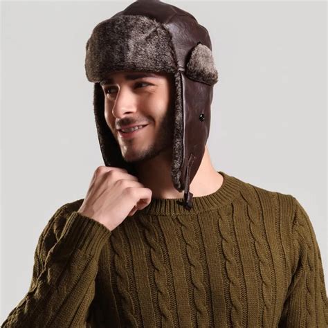 Winter Fur Men Bomber Hat Warm Fur Earflap Brown Caps Ushanka Hat Pu