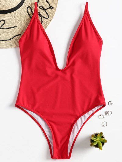 Padded Plunge One Piece Swimsuit Love Red S Plunging One Piece