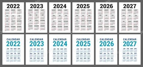 Calendario 2022 2023 2024 2025 2026 2027 Set Vettore Inglese Grafica